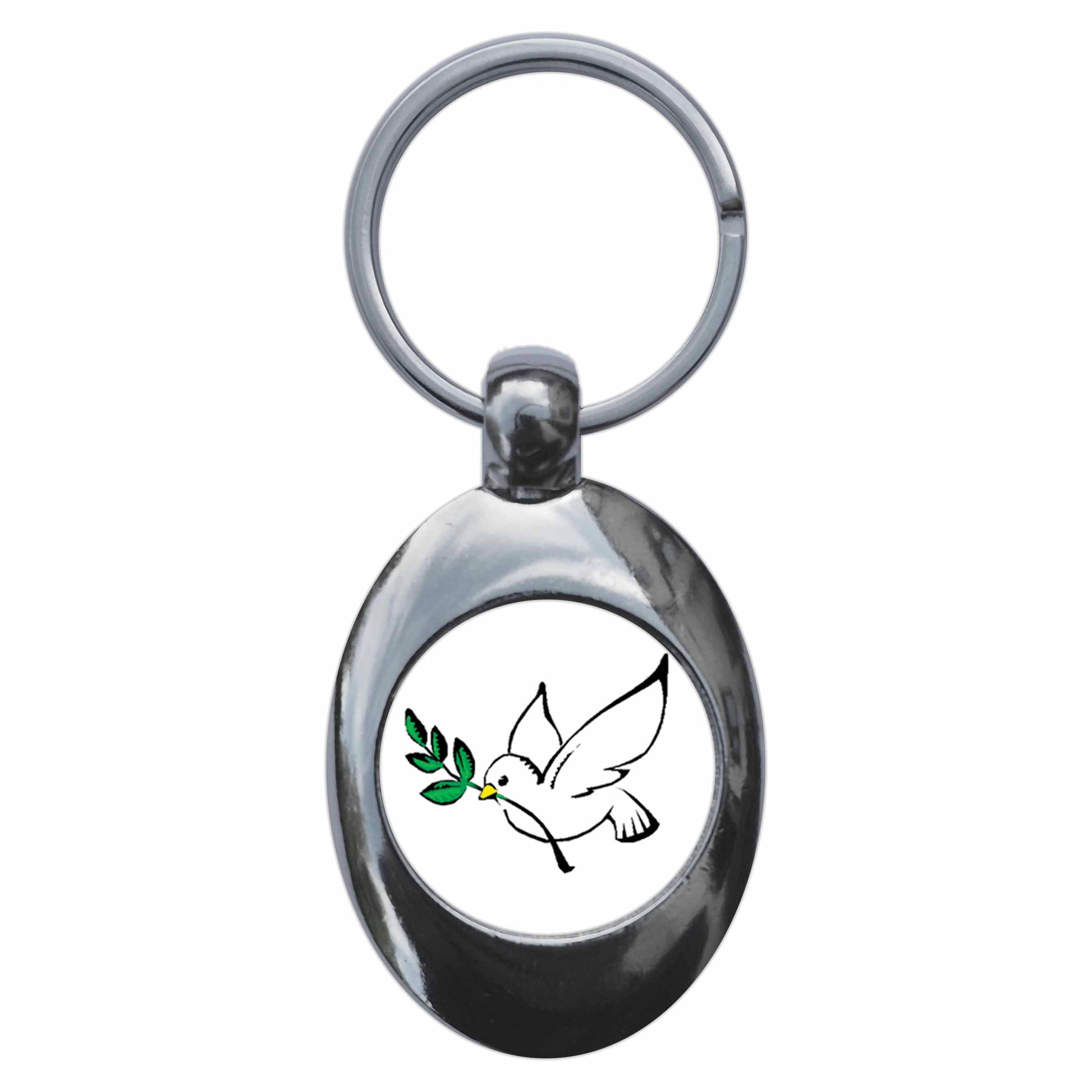 A picture of the front of the product, titled Peace Dove Metal Keyring With Trolley Coin