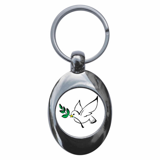 A picture of the front of the product, titled Peace Dove Metal Keyring With Trolley Coin