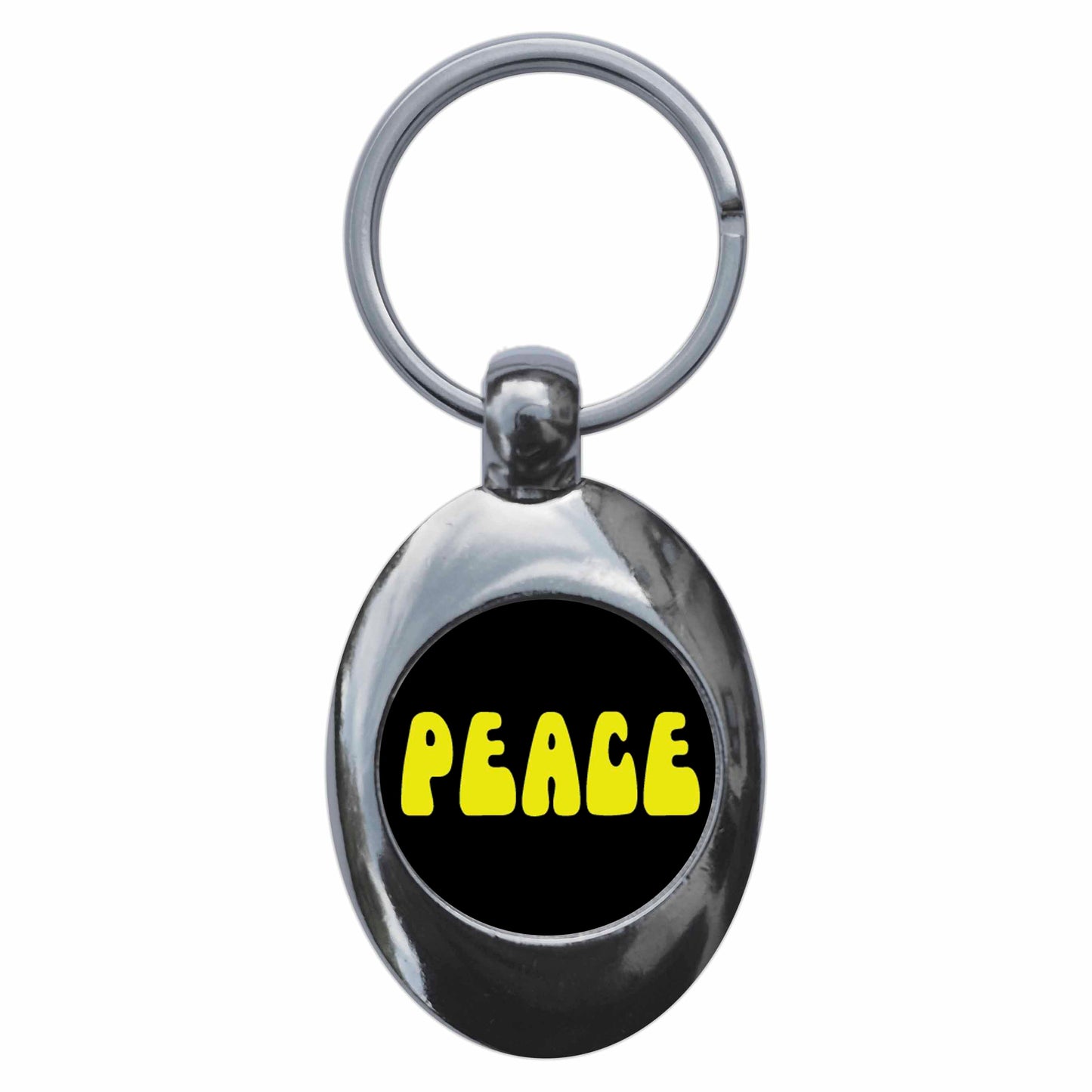 A picture of the front of the product, titled Peace Metal Keyring With Trolley Coin