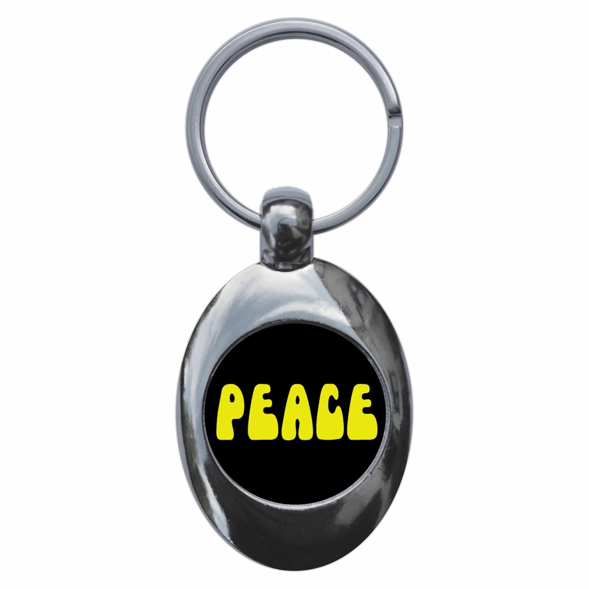 A picture of the front of the product, titled Peace Metal Keyring With Trolley Coin