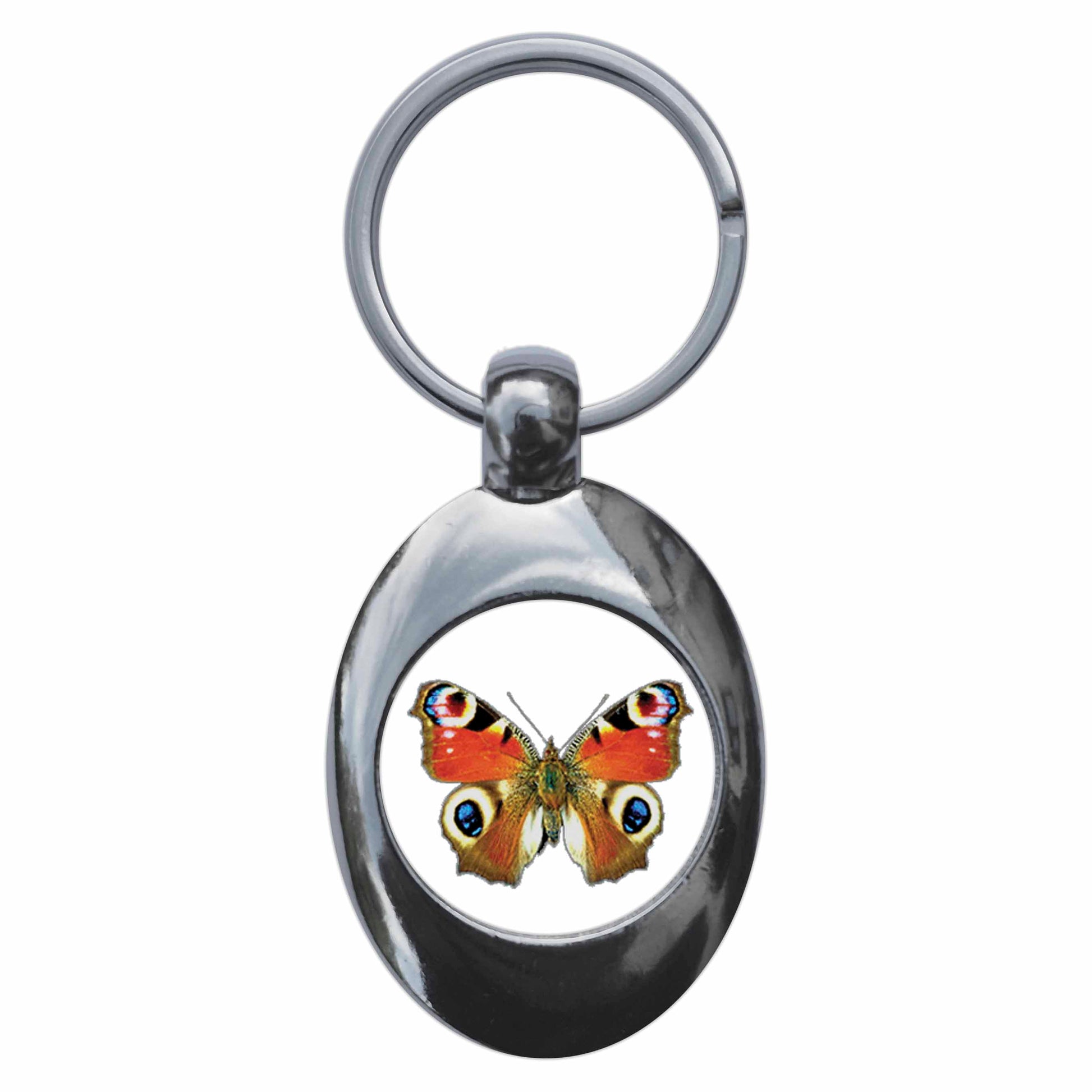 A picture of the front of the product, titled Peacock Butterfly Metal Keyring With Trolley Coin