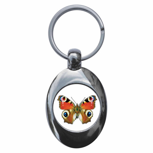 A picture of the front of the product, titled Peacock Butterfly Metal Keyring With Trolley Coin