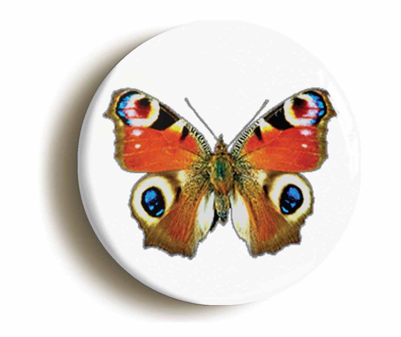 A picture of the front of the product, titled Peacock Butterfly Circular 50mm Fridge Magnet
