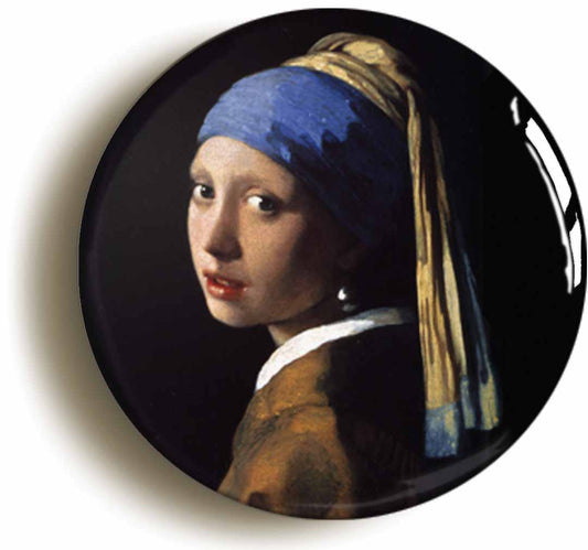 A picture of the front of the product, titled Johannes Vermeer Girl With A Pearl Earring Button Pin Badge