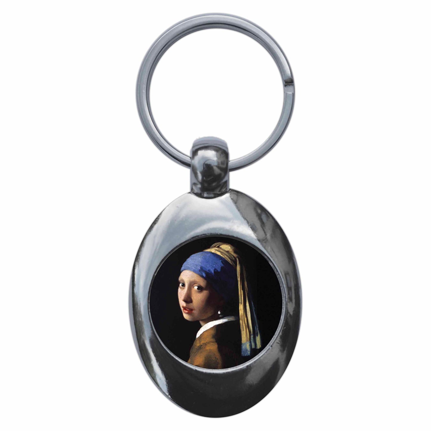 A picture of the front of the product, titled Johannes Vermeer Girl With A Pearl Earring Metal Keyring With Trolley Coin