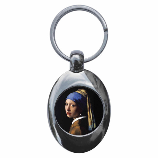 A picture of the front of the product, titled Johannes Vermeer Girl With A Pearl Earring Metal Keyring With Trolley Coin