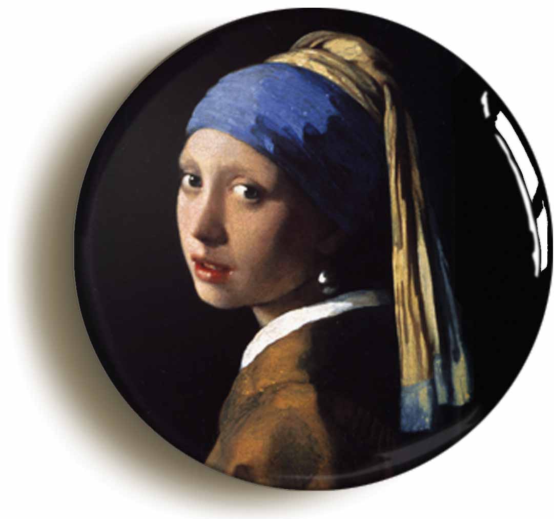 A picture of the front of the product, titled Johannes Vermeer Girl With A Pearl Earring Circular 50mm Fridge Magnet