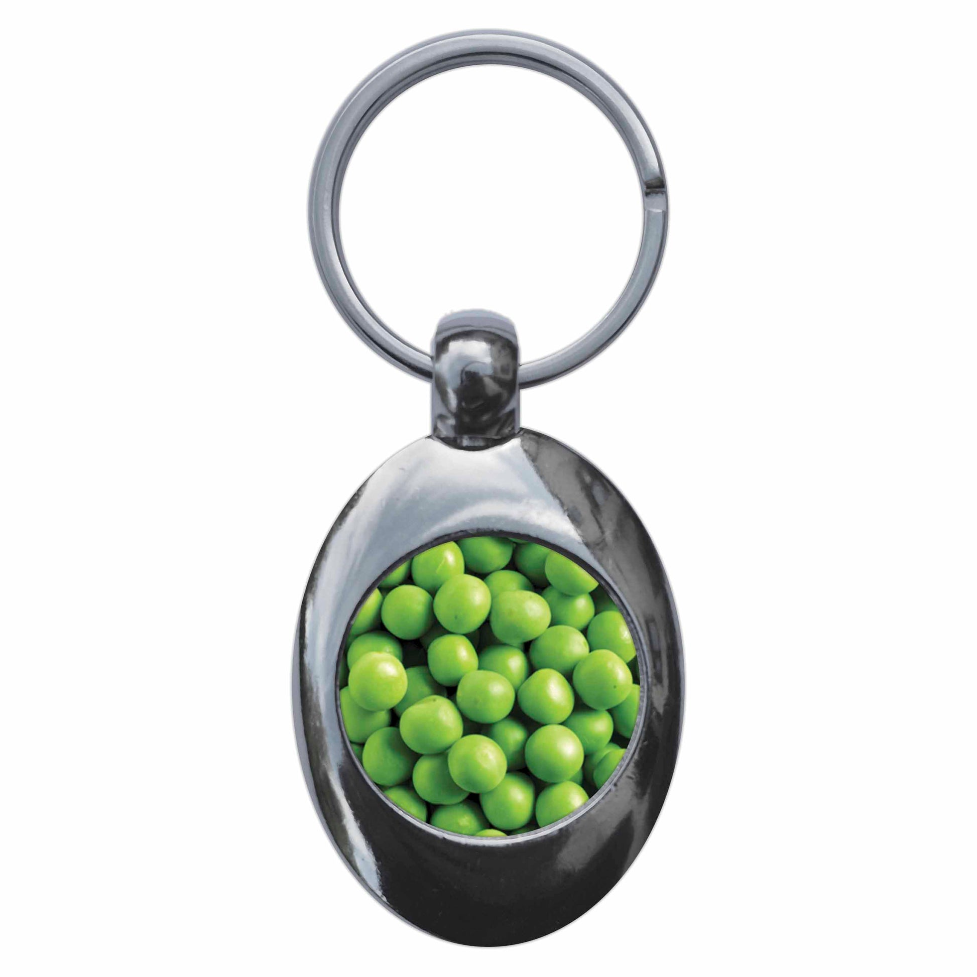 A picture of the front of the product, titled Peas Metal Keyring With Trolley Coin