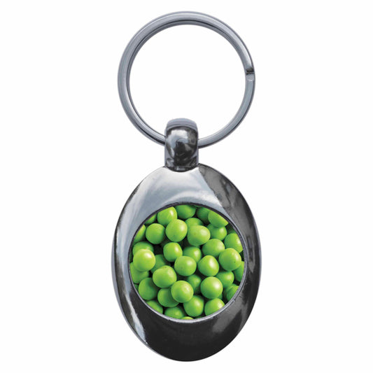 A picture of the front of the product, titled Peas Metal Keyring With Trolley Coin