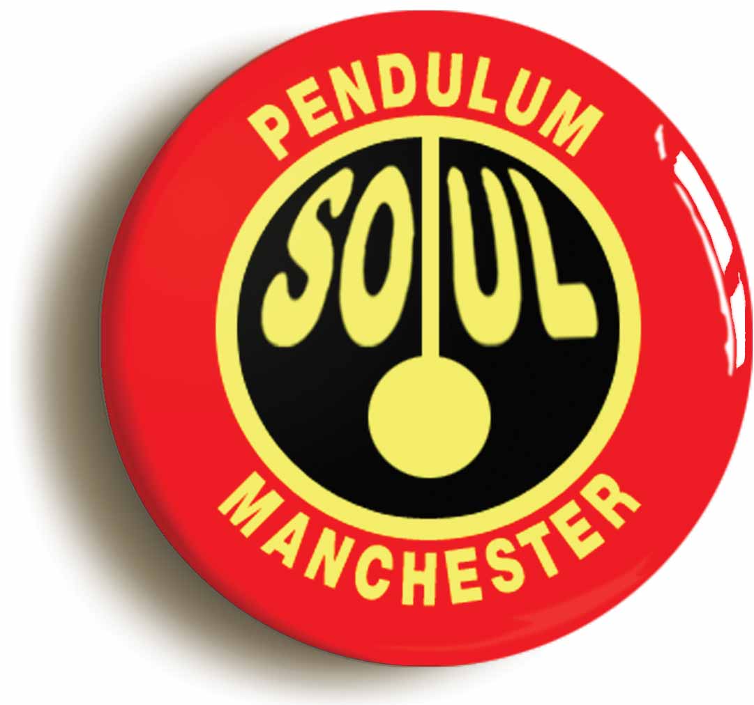 A picture of the front of the product, titled Northern Soul Pendulum Manchester Button Pin Badge
