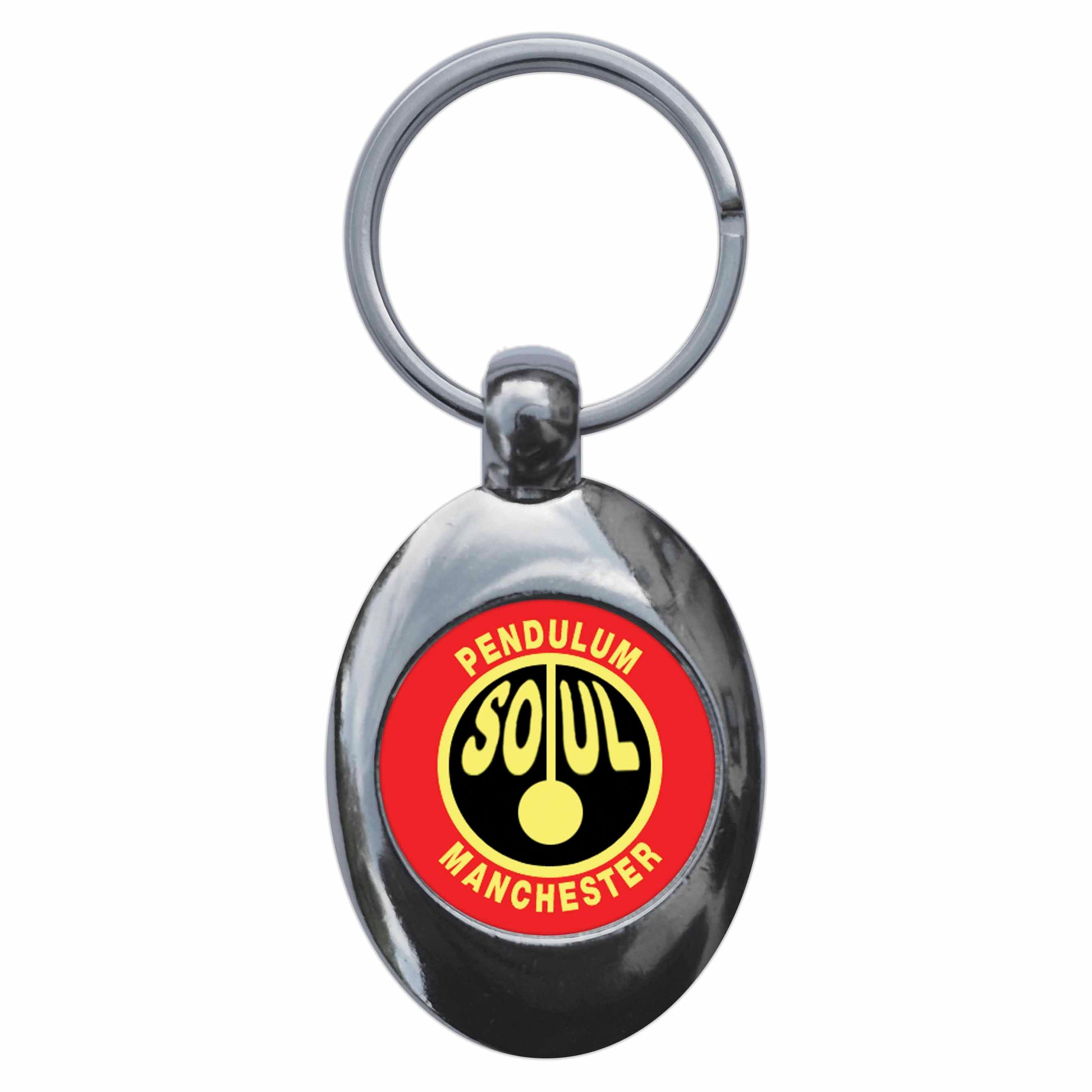 A picture of the front of the product, titled Northern Soul Pendulum Manchester Metal Keyring With Trolley Coin