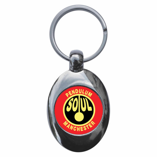 A picture of the front of the product, titled Northern Soul Pendulum Manchester Metal Keyring With Trolley Coin
