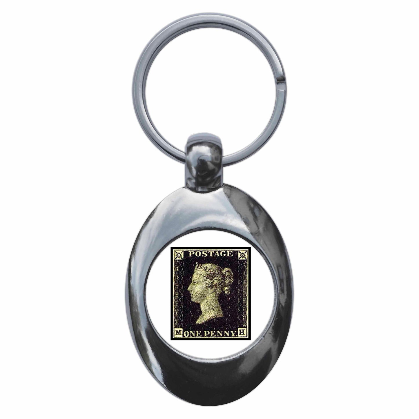 A picture of the front of the product, titled Penny Black Victorian Stamp Metal Keyring With Trolley Coin