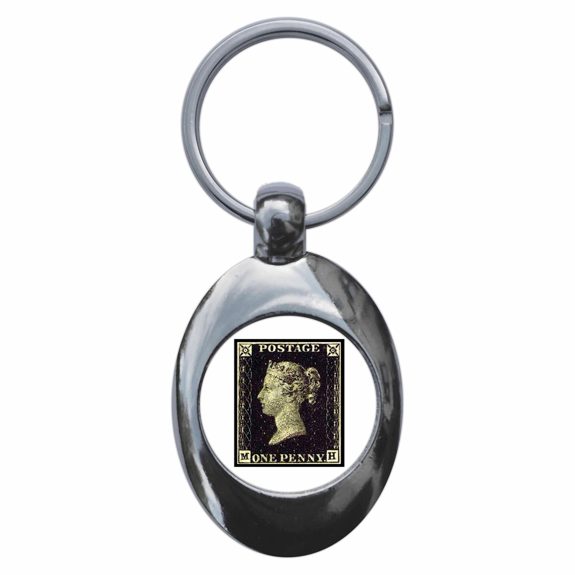 A picture of the front of the product, titled Penny Black Victorian Stamp Metal Keyring With Trolley Coin