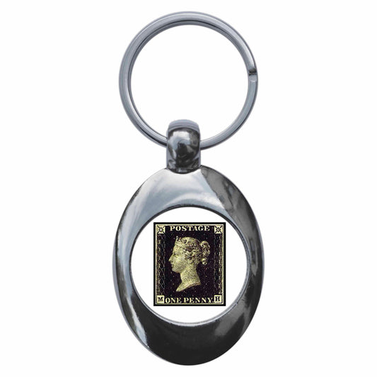 A picture of the front of the product, titled Penny Black Victorian Stamp Metal Keyring With Trolley Coin