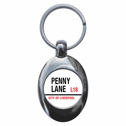 A picture of the front of the product, titled Penny Lane Road Sign Metal Keyring With Trolley Coin