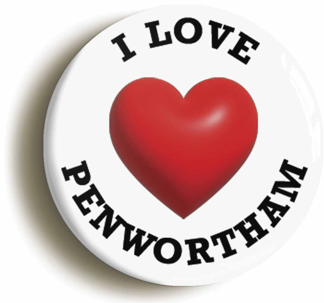 A picture of the front of the product, titled I Heart Love Penwortham Location Circular 50mm Fridge Magnet
