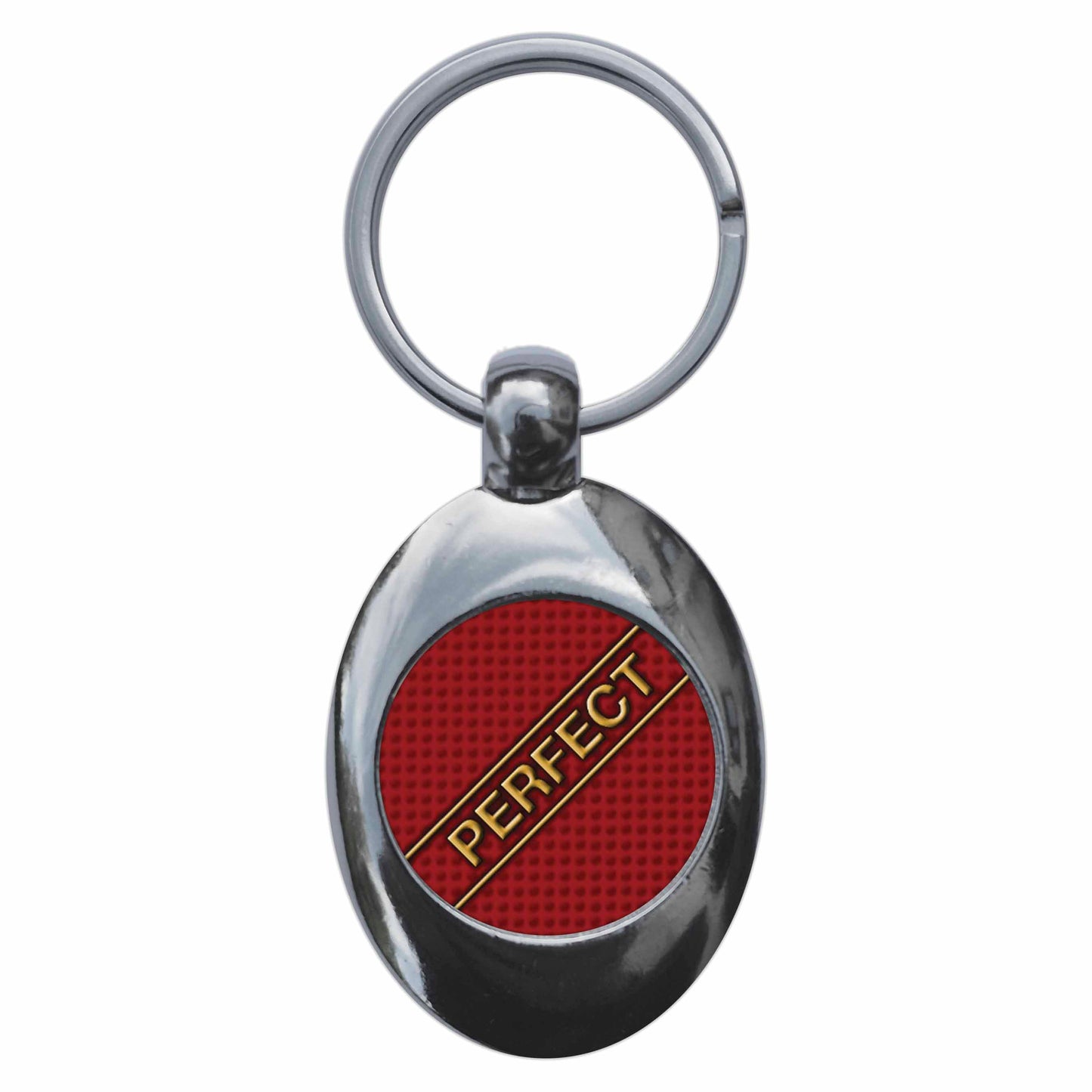 A picture of the front of the product, titled Perfect Funny School Metal Keyring With Trolley Coin