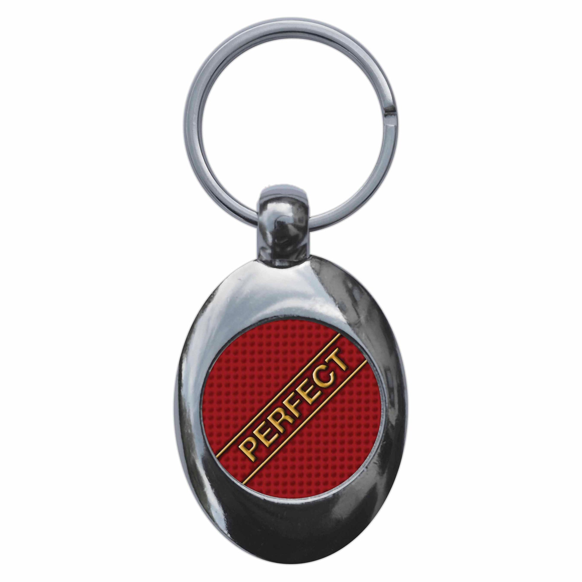 A picture of the front of the product, titled Perfect Funny School Metal Keyring With Trolley Coin