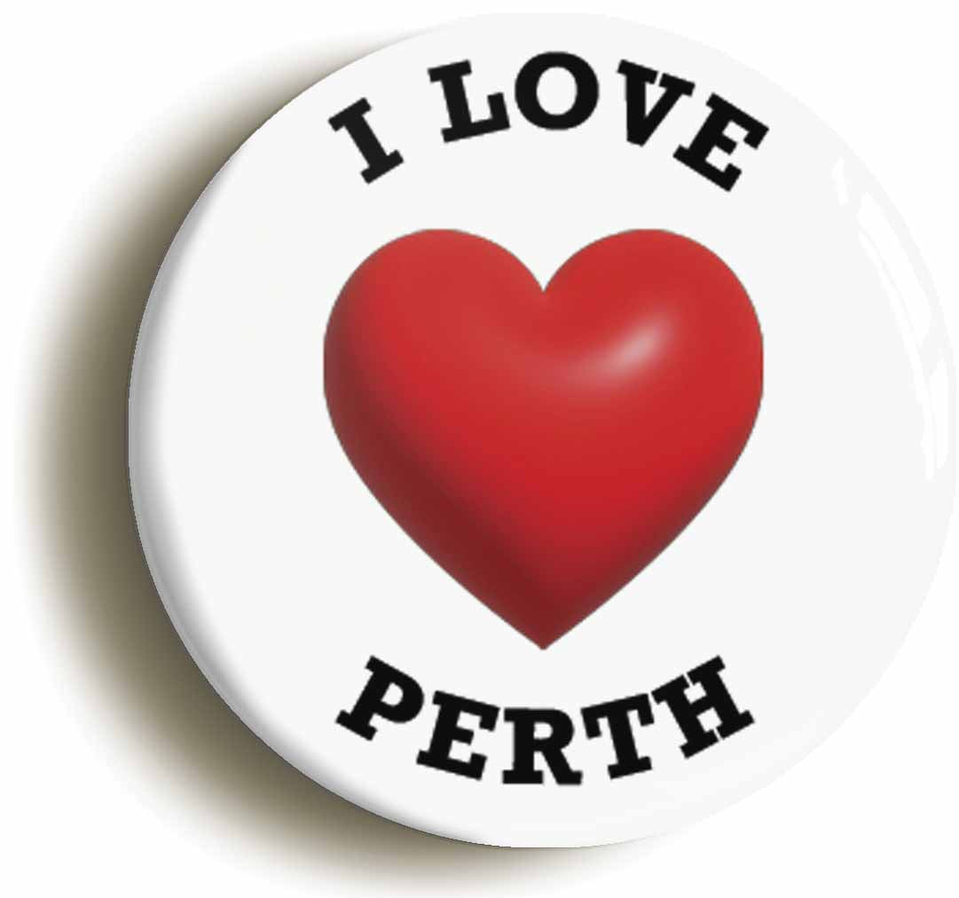 A picture of the front of the product, titled I Heart Love Perth Location Circular 50mm Fridge Magnet