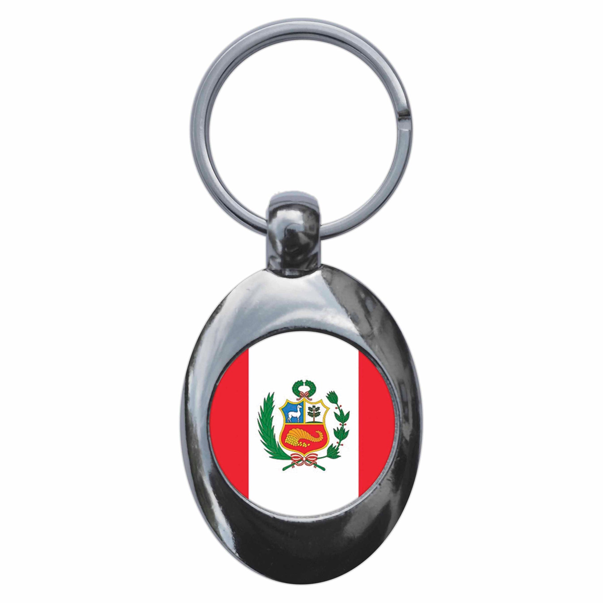 A picture of the front of the product, titled Peru Peruvian National Flag Metal Keyring With Trolley Coin