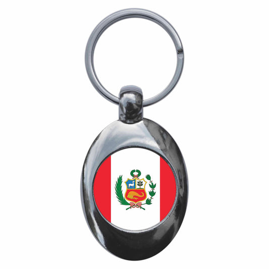 A picture of the front of the product, titled Peru Peruvian National Flag Metal Keyring With Trolley Coin