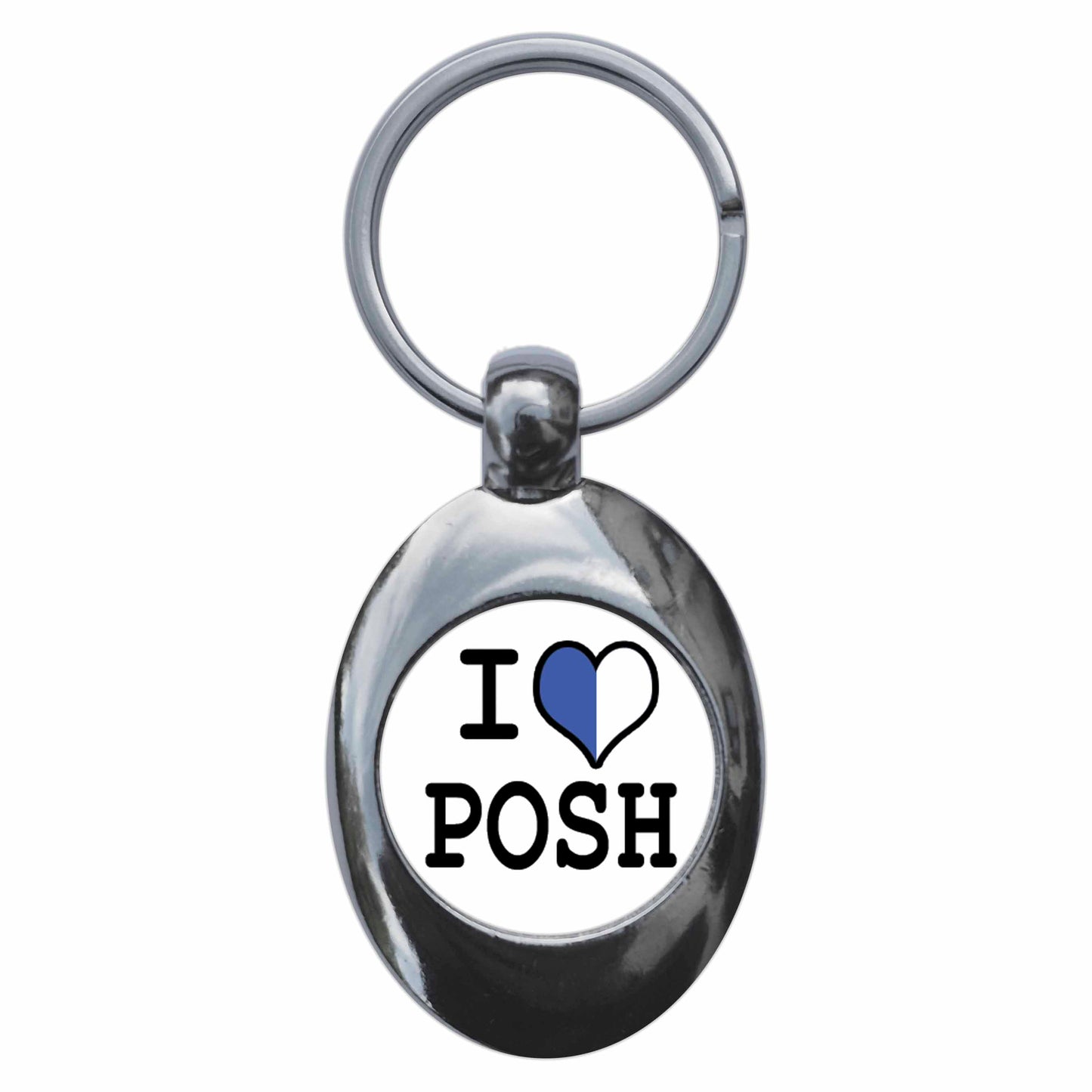 A picture of the front of the product, titled I Heart Love Posh Metal Keyring With Trolley Coin