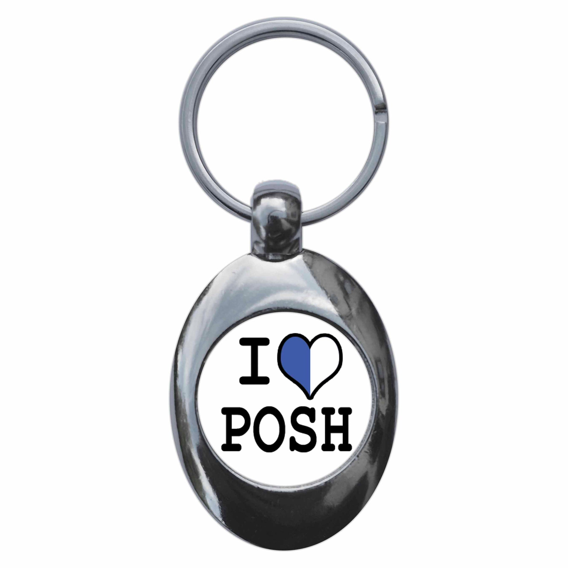 A picture of the front of the product, titled I Heart Love Posh Metal Keyring With Trolley Coin