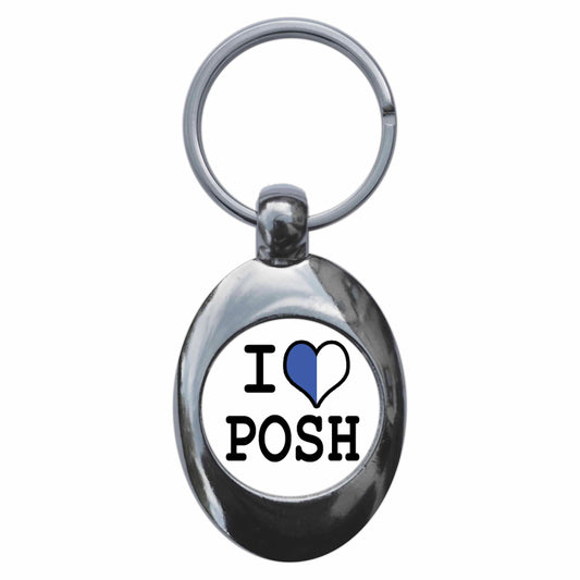 A picture of the front of the product, titled I Heart Love Posh Metal Keyring With Trolley Coin