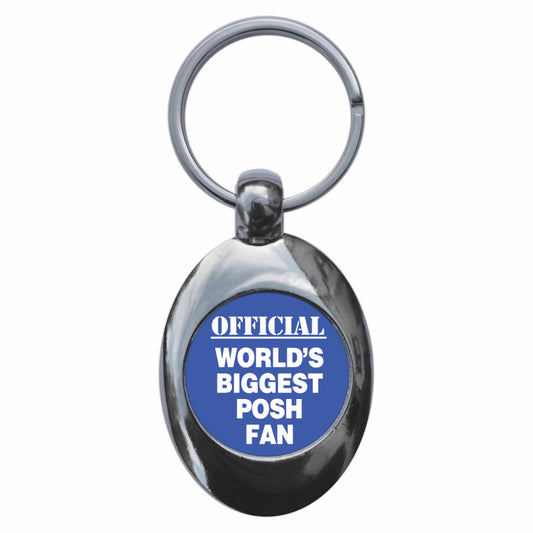 A picture of the front of the product, titled World's Biggest Posh Fan Metal Keyring With Trolley Coin