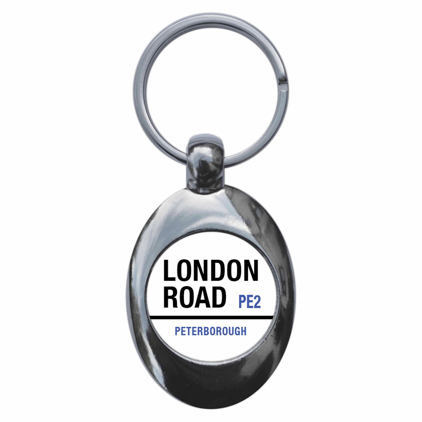 A picture of the front of the product, titled London Road PE23 Peterborough Road Sign Metal Keyring With Trolley Coin
