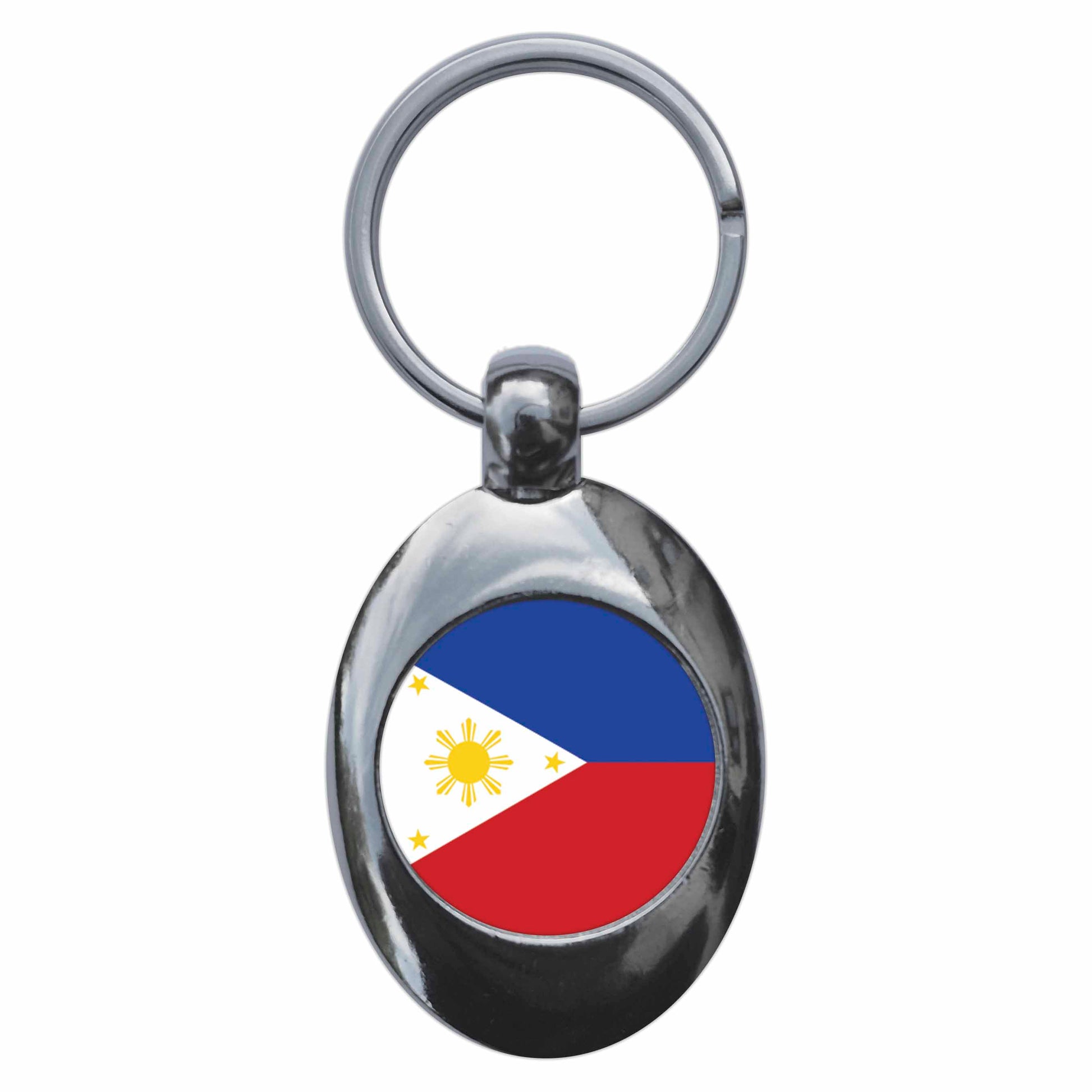 A picture of the front of the product, titled Philippines Filipino National Flag Metal Keyring With Trolley Coin