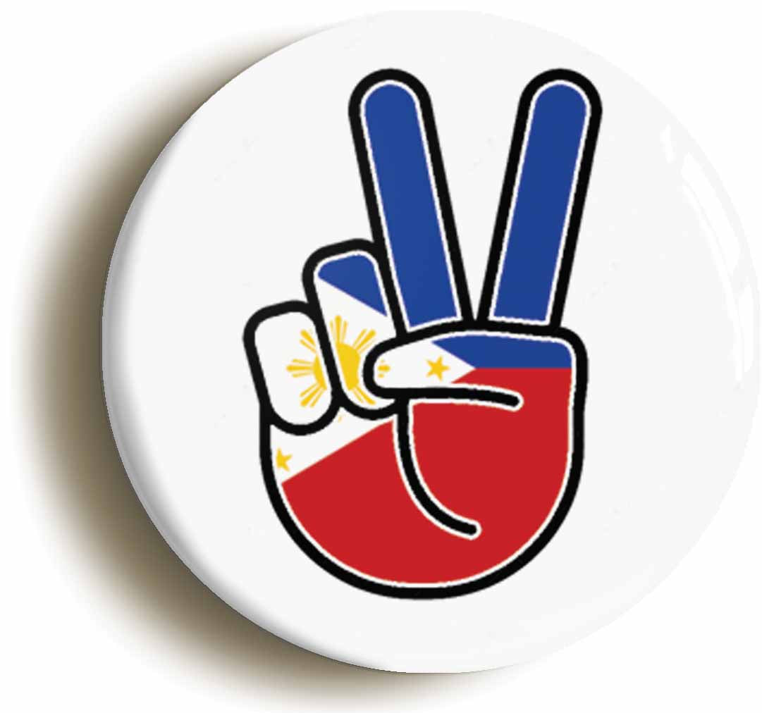 A picture of the front of the product, titled Philippines Filipino National Flag Peace Sign V Button Pin Badge