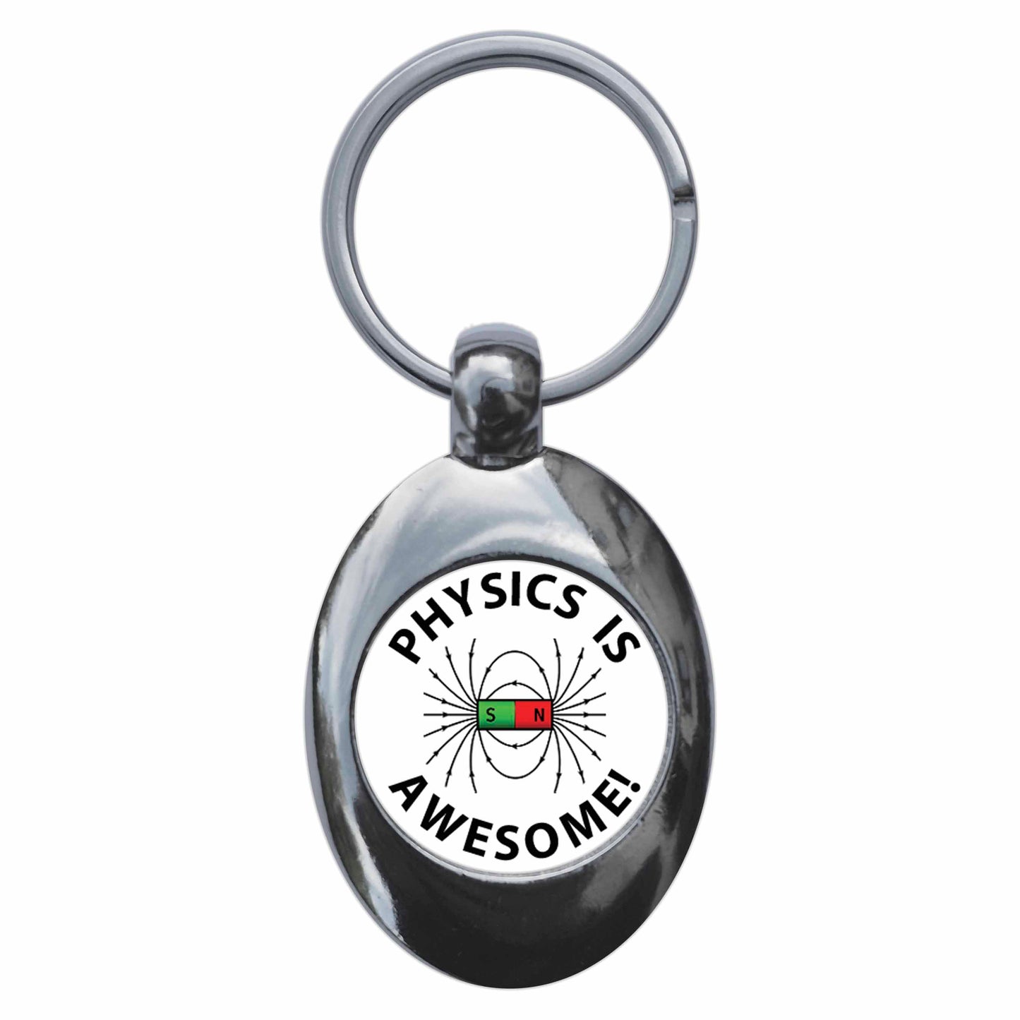A picture of the front of the product, titled Physics Is Awesome Metal Keyring With Trolley Coin