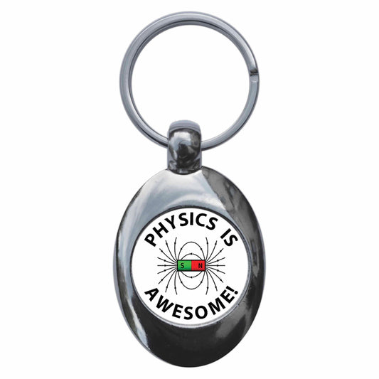 A picture of the front of the product, titled Physics Is Awesome Metal Keyring With Trolley Coin