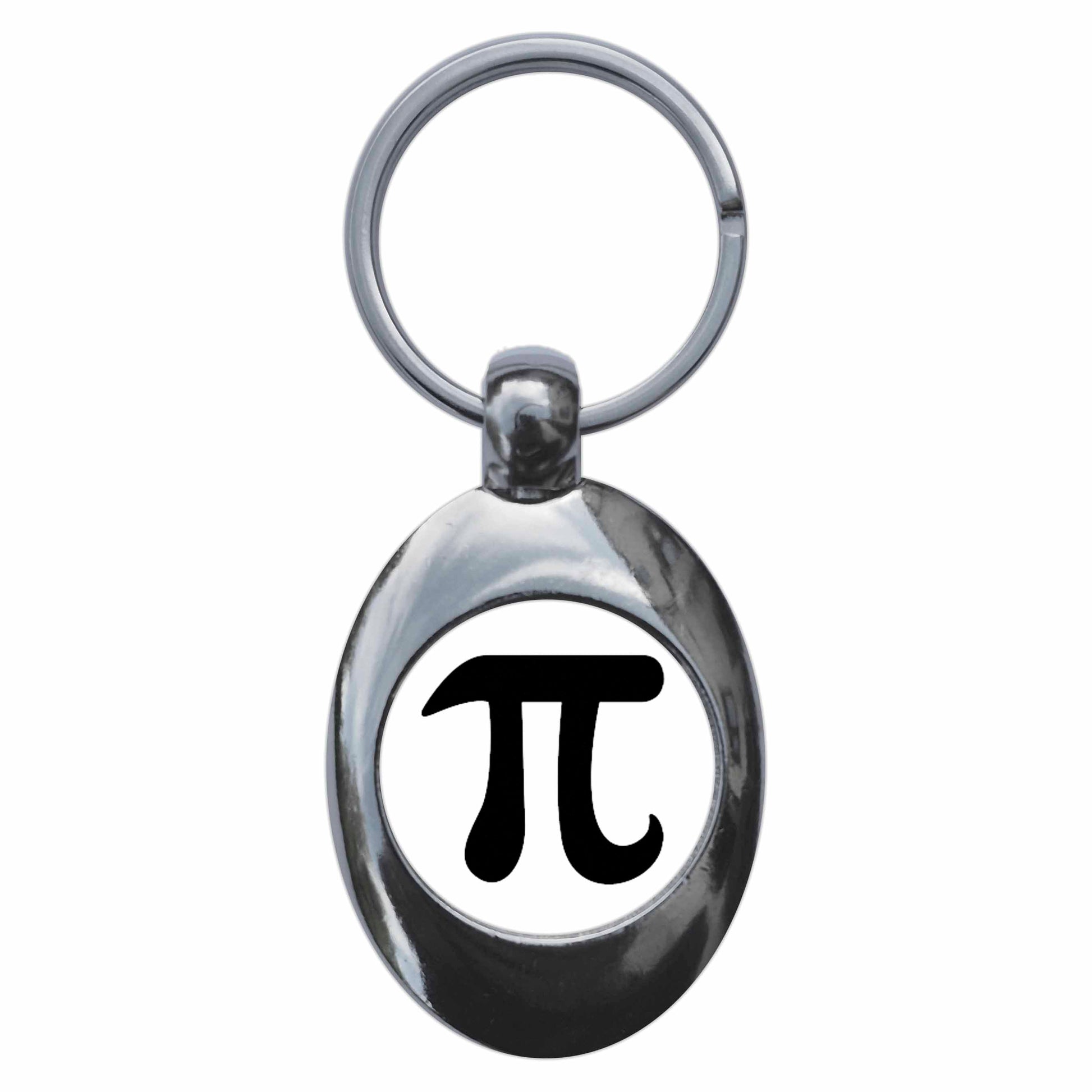 A picture of the front of the product, titled Pi Geek Maths 3.14 Metal Keyring With Trolley Coin
