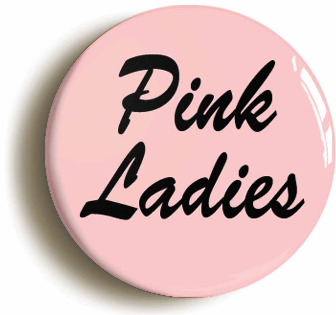 A picture of the front of the product, titled Pink Ladies Retro Circular 50mm Fridge Magnet
