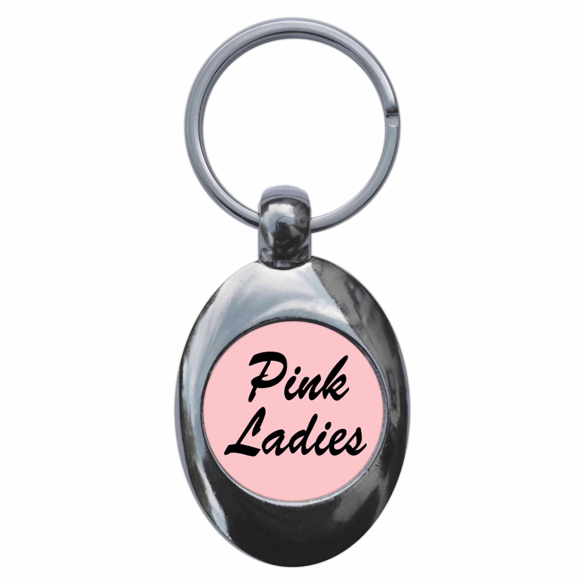 A picture of the front of the product, titled Pink Ladies Retro Metal Keyring With Trolley Coin