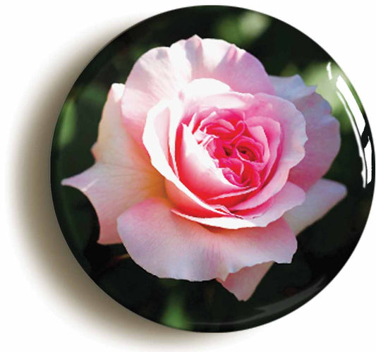 A picture of the front of the product, titled Pink Rose Flower Button Pin Badge