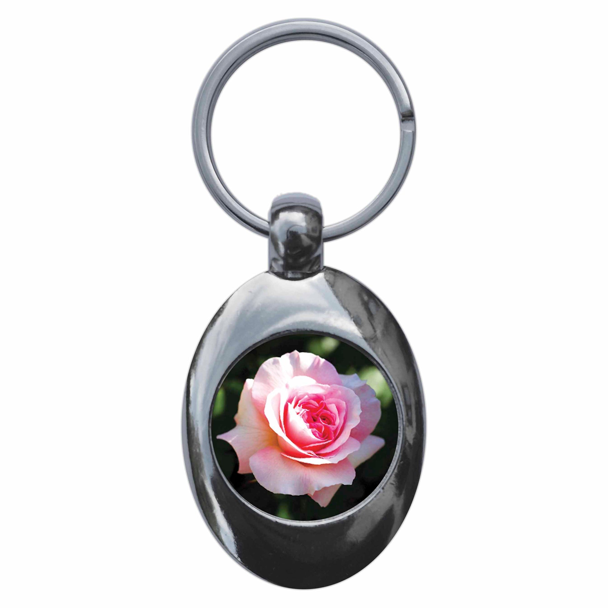 A picture of the front of the product, titled Pink Rose Flower Metal Keyring With Trolley Coin