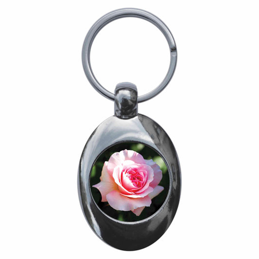 A picture of the front of the product, titled Pink Rose Flower Metal Keyring With Trolley Coin