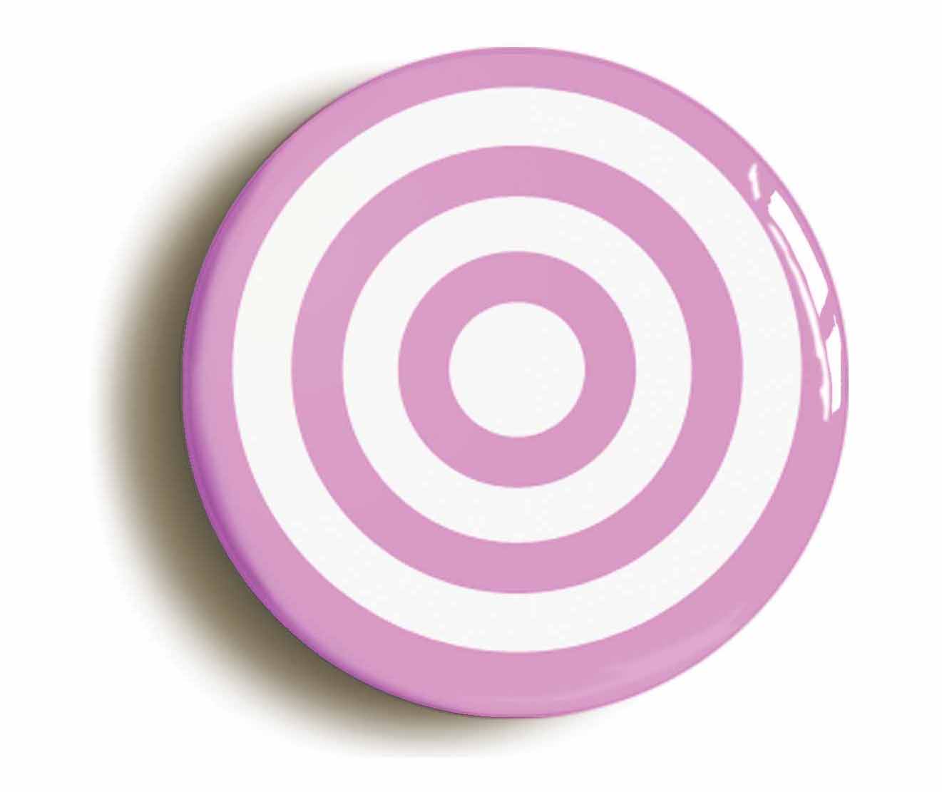 A picture of the front of the product, titled Pink And White Circles Button Pin Badge