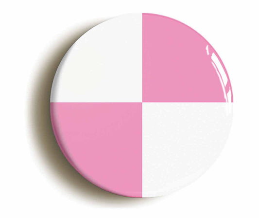 A picture of the front of the product, titled Pink And White Quarters Flag Button Pin Badge