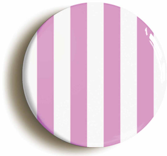 A picture of the front of the product, titled Pink And White Striped Button Pin Badge