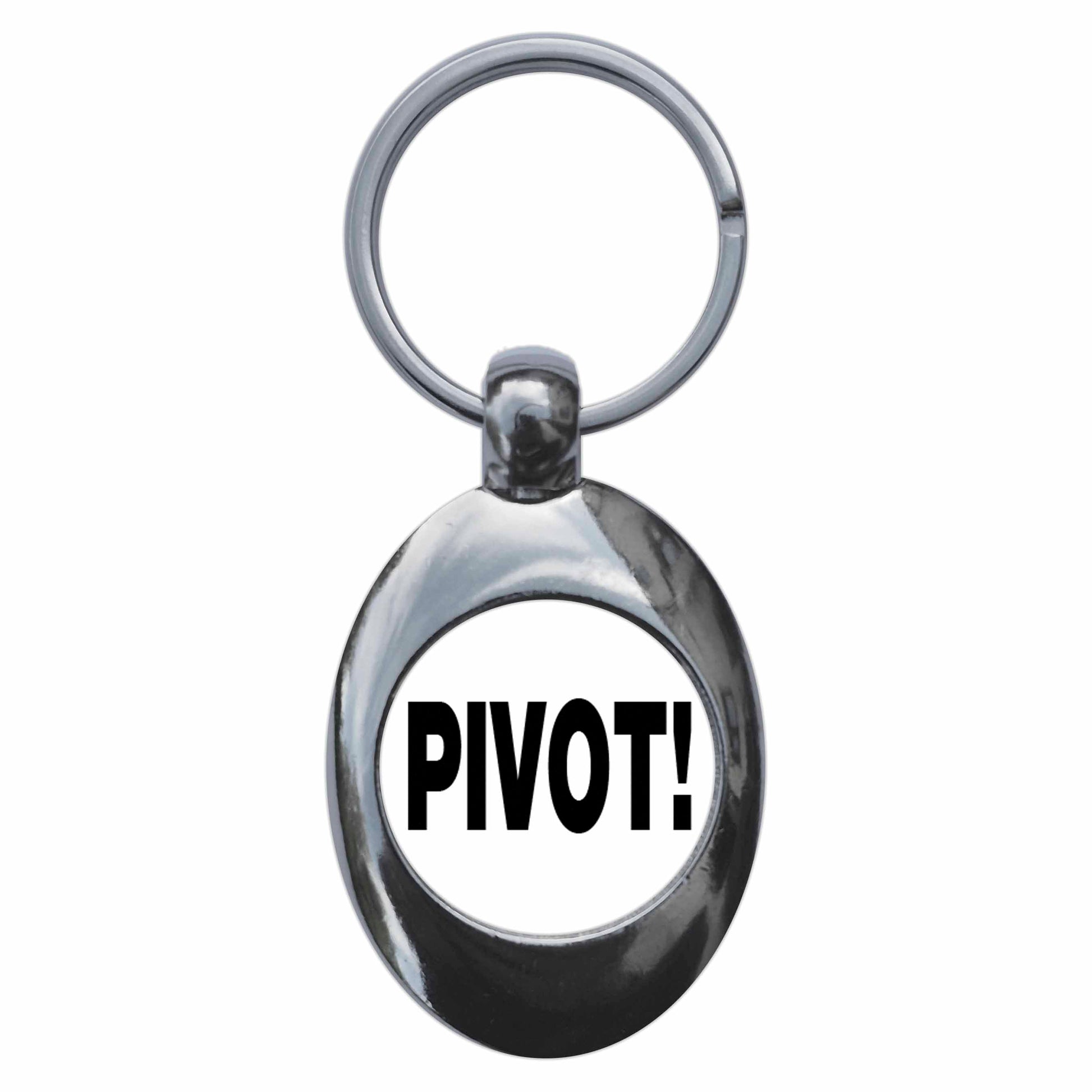 A picture of the front of the product, titled Pivot Metal Keyring With Trolley Coin