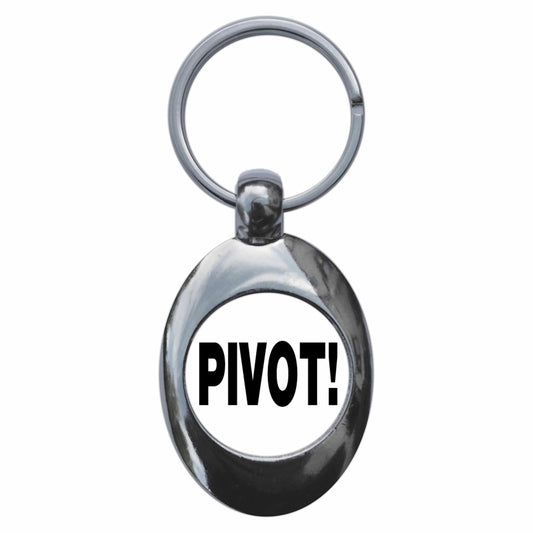 A picture of the front of the product, titled Pivot Metal Keyring With Trolley Coin