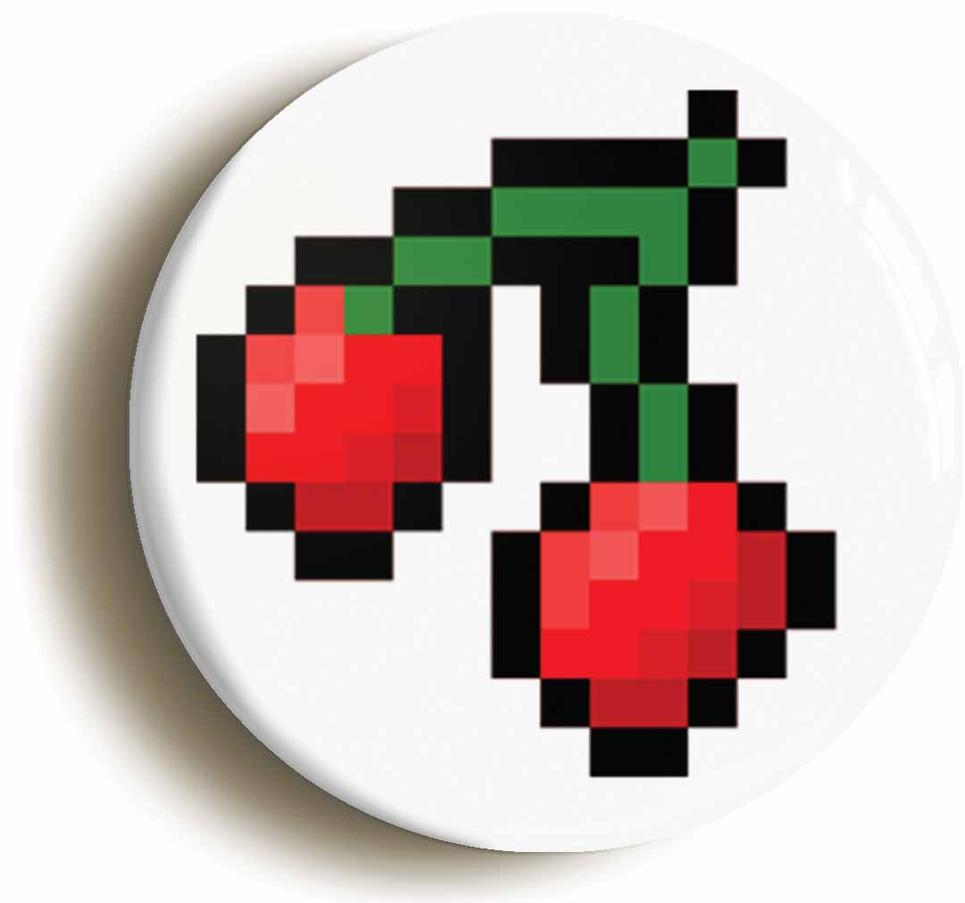 A picture of the front of the product, titled Pixel Cherries Retro Gamer Eighties Button Pin Badge