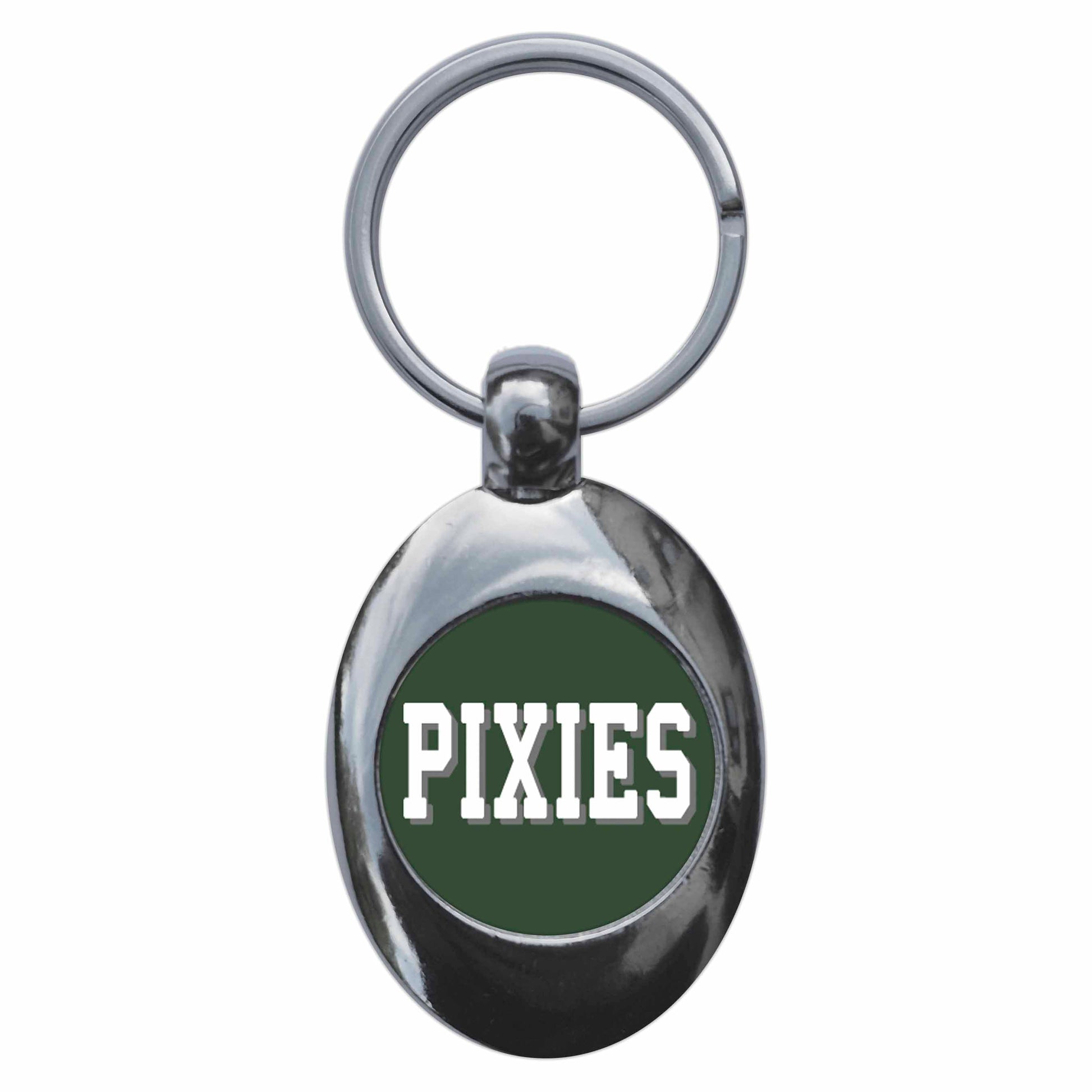 A picture of the front of the product, titled Pixies Metal Keyring With Trolley Coin