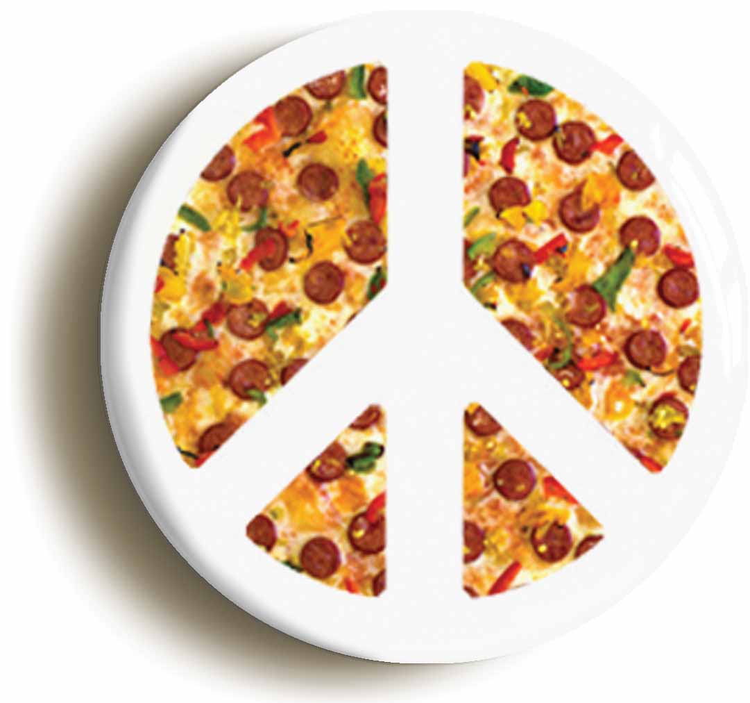 A picture of the front of the product, titled Pizza Peace Symbol Button Pin Badge