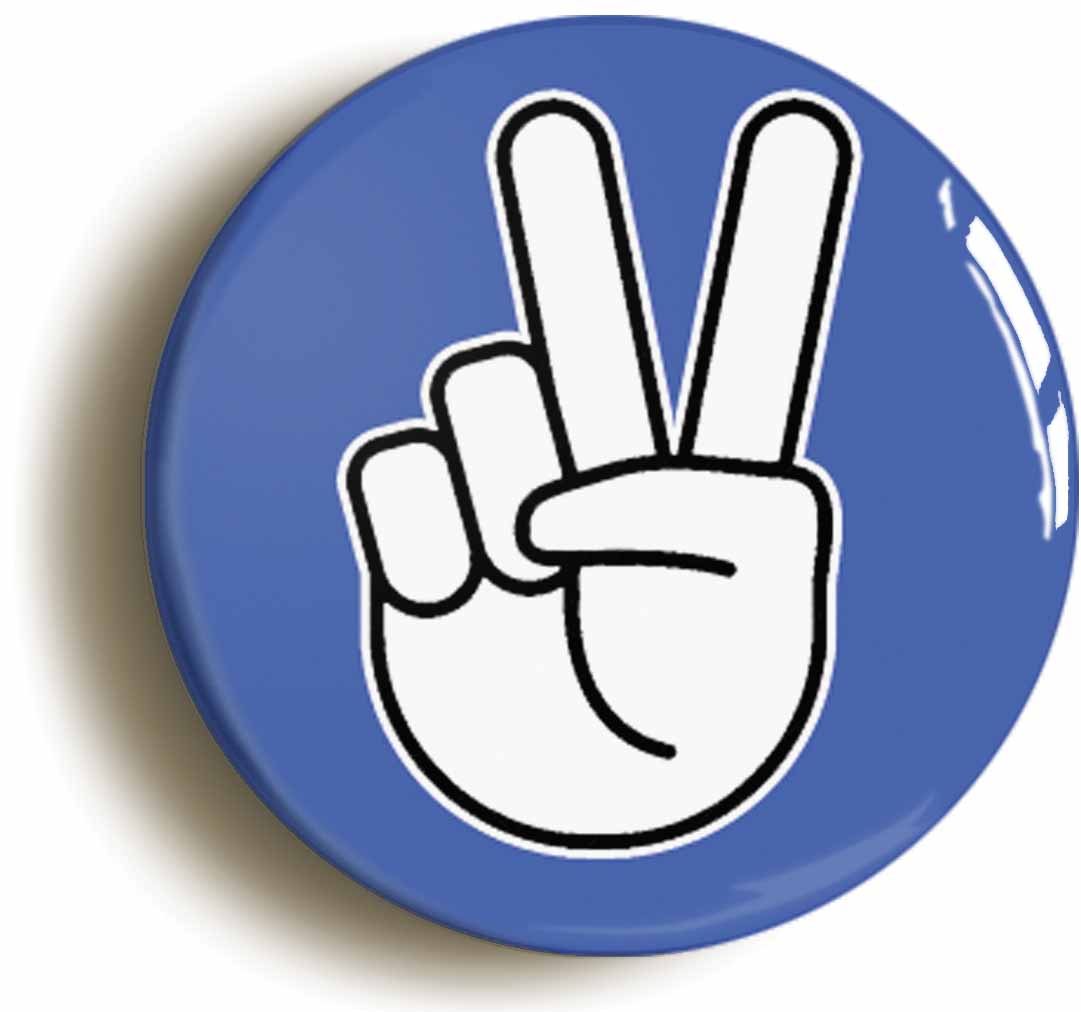 A picture of the front of the product, titled Peace Sign V Blue Button Pin Badge